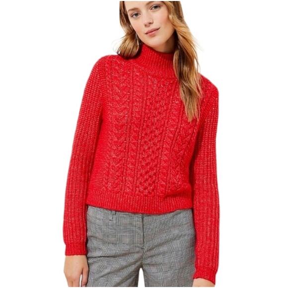 LOFT Women's Red Cable Knit Cropped Turtleneck Sweater Size Large - Picture 2 of 7